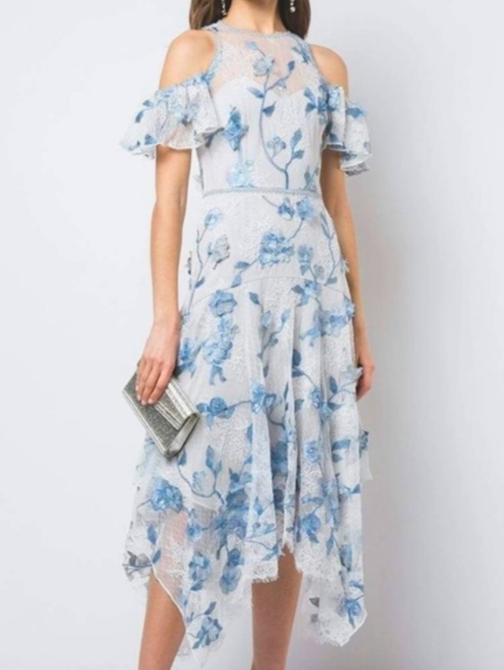 Marchesa Notte  Lace embroidery Floral Applique Cold Shoulder  Tea Length Dress